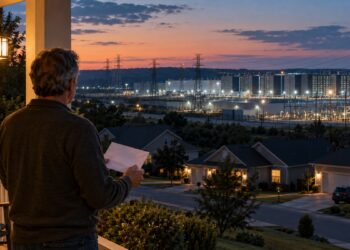 Homeowner holding a utility envelope while looking toward a large data center and electrical substation at dusk