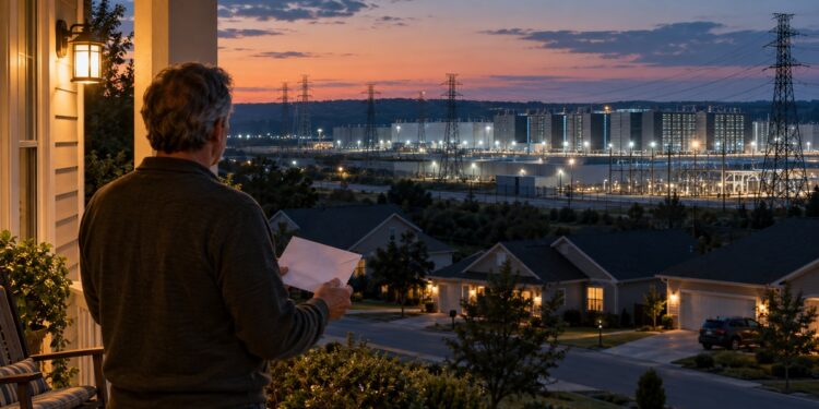 Homeowner holding a utility envelope while looking toward a large data center and electrical substation at dusk