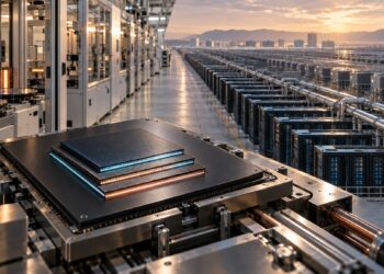 Unbranded AI accelerator in a semiconductor fabrication hall opening onto a vast data center campus