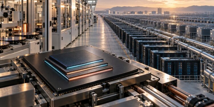 Unbranded AI accelerator in a semiconductor fabrication hall opening onto a vast data center campus