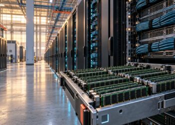 Rows of cloud servers with a foreground tray of memory modules in a large compute hall