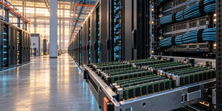 Rows of cloud servers with a foreground tray of memory modules in a large compute hall
