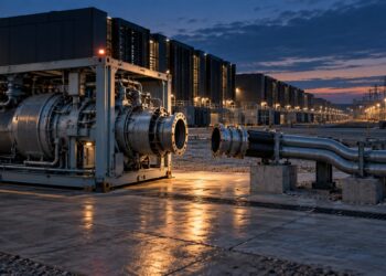 A disconnected natural gas turbine stands beside a large AI data center campus at dusk