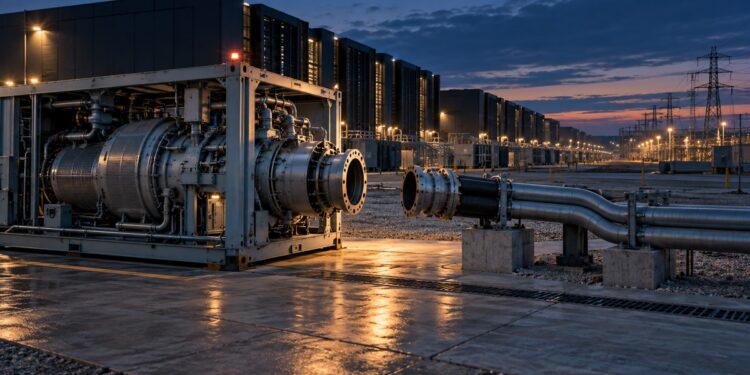 A disconnected natural gas turbine stands beside a large AI data center campus at dusk
