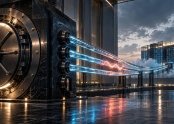 A bank vault connected by a few shared fiber conduits to an external cloud computing facility as a coral disruption signal crosses the links