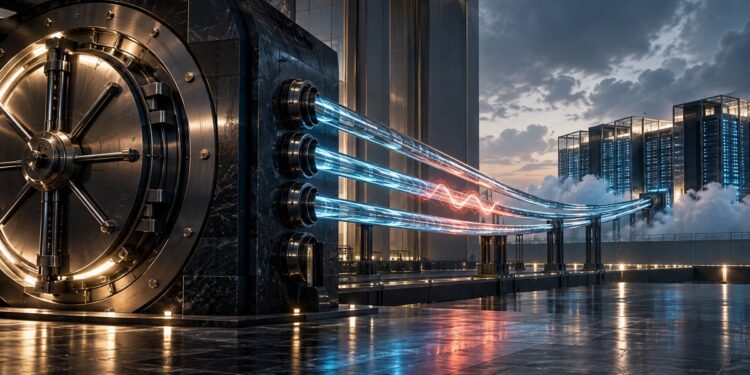 A bank vault connected by a few shared fiber conduits to an external cloud computing facility as a coral disruption signal crosses the links