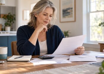 Mature woman reviewing household financial papers at a kitchen table before an interest-rate decision