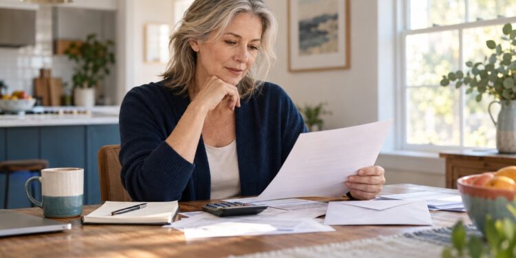 Mature woman reviewing household financial papers at a kitchen table before an interest-rate decision