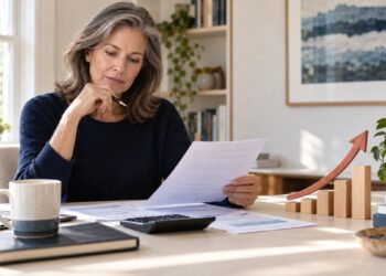 Mature woman reviewing household financial documents beside a wooden upward arrow