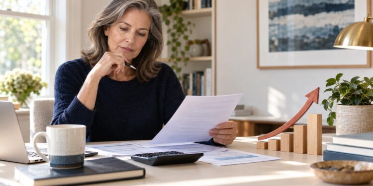Mature woman reviewing household financial documents beside a wooden upward arrow