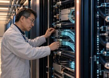 Engineer inspecting liquid-cooled AI computing racks connected by optical cables