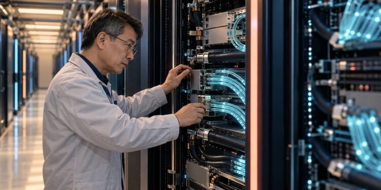 Engineer inspecting liquid-cooled AI computing racks connected by optical cables