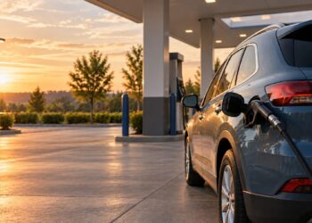 Unbranded family car refueling at a neighborhood station in warm evening light