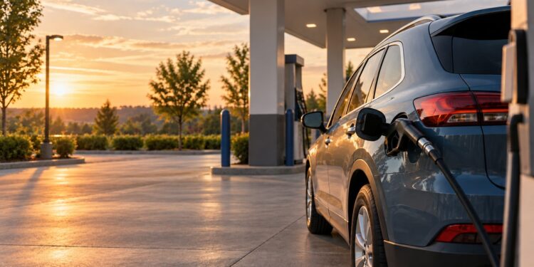 Unbranded family car refueling at a neighborhood station in warm evening light