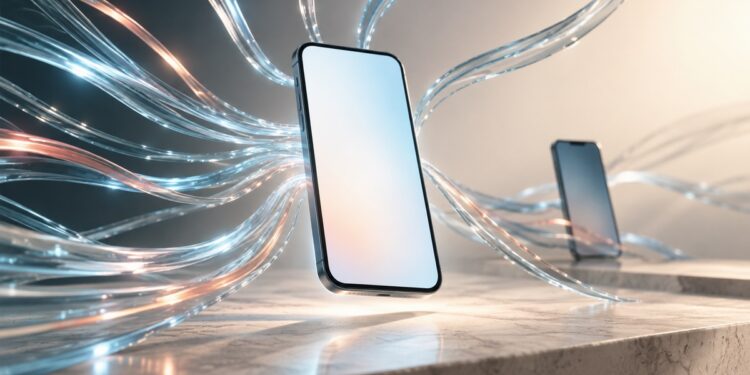 Unbranded smartphone draws streams of light toward its blank screen, illustrating a surge of interest in a mobile AI app