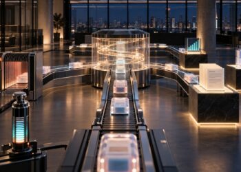 An autonomous workflow engine routes sealed tasks through governed tracks in an empty office at night