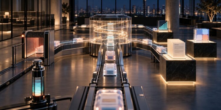 An autonomous workflow engine routes sealed tasks through governed tracks in an empty office at night