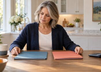Homeowner comparing two mortgage loan offers at a kitchen table