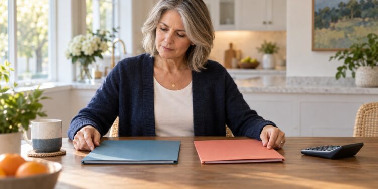 Homeowner comparing two mortgage loan offers at a kitchen table
