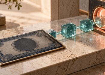 An intact equity certificate plate connected through translucent blockchain ledger blocks to a coral-lit digital exchange portal