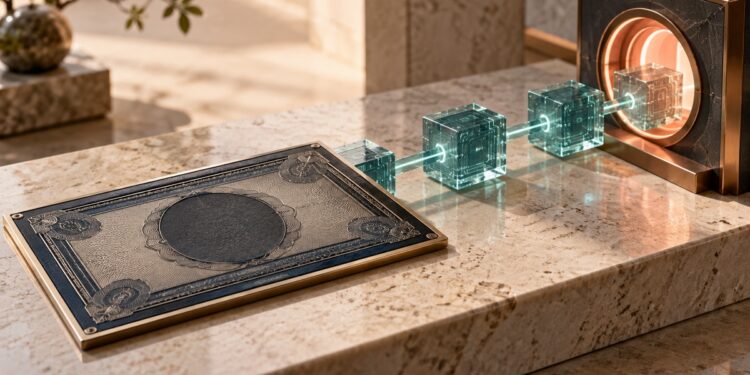 An intact equity certificate plate connected through translucent blockchain ledger blocks to a coral-lit digital exchange portal
