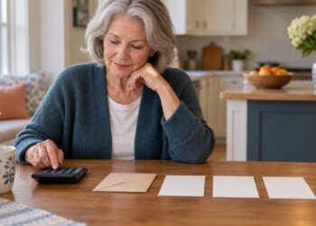 Older woman reviewing a retirement household budget with a calculator and three blank monthly slips