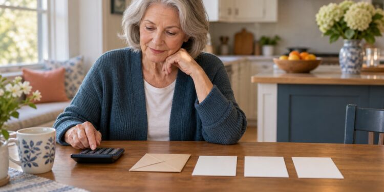 Older woman reviewing a retirement household budget with a calculator and three blank monthly slips