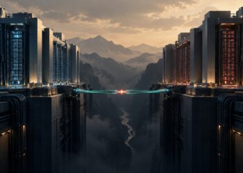 Two vast AI computing facilities face each other across a divide, connected by one narrow emergency signal bridge