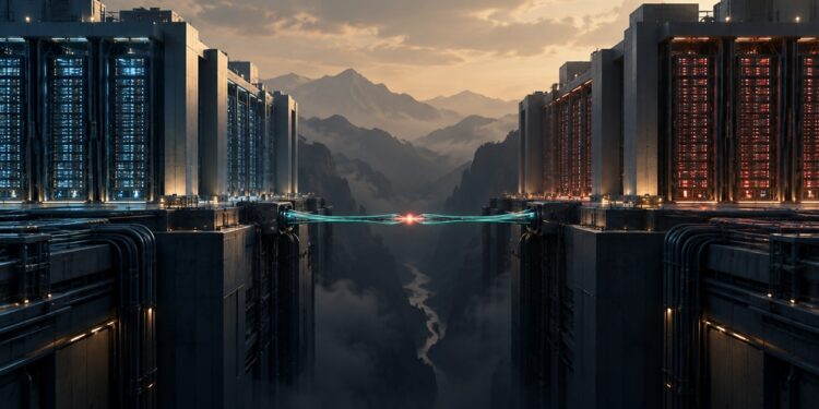 Two vast AI computing facilities face each other across a divide, connected by one narrow emergency signal bridge